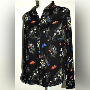 Worthington Women Black Multi Butterflies Flowers Long Sleeve Shirt Blouse, Sz S